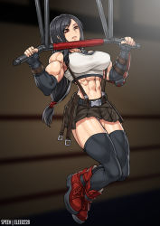Rule 34 | 1girl, abs, black hair, black skirt, boots, breasts, commission, commissioner upload, crop top, elbow gloves, exercise, final fantasy, final fantasy vii, final fantasy vii remake, fingerless gloves, gloves, hanging, highres, horizontal bar, large breasts, long hair, low-tied long hair, midriff, miniskirt, muscular, muscular female, pullups, red eyes, red footwear, skirt, solo, speh, square enix, suspender skirt, suspenders, tank top, tifa lockhart, vambraces