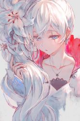 Rule 34 | 1girl, :o, blue eyes, collarbone, commentary, earrings, english commentary, flower, hair flower, hair ornament, half-closed eyes, highres, holding, holding own hair, izumi sai, jewelry, long hair, long sleeves, looking at viewer, necklace, parted lips, rwby, scar, scar across eye, scar on face, sidelocks, solo, upper body, weiss schnee, white flower, white hair