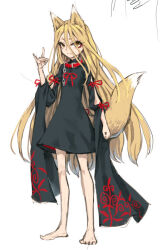 Rule 34 | 1girl, alternate costume, alternate hair length, alternate hairstyle, animal ears, bare legs, barefoot, blonde hair, collar, dress, flat chest, fox ears, fox girl, fox shadow puppet, fox tail, full body, hand up, kudamaki tsukasa, light smile, long hair, looking at viewer, meimaru inuchiyo, red collar, ribbon, simple background, sketch, slit pupils, solo, standing, tail, touhou, very long hair, white background