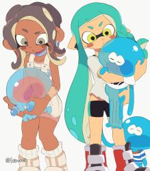 Rule 34 | 2girls, :/, :o, agent 8 (splatoon), animal, animal hug, asymmetrical hair, bare shoulders, bike shorts, black shorts, blue choker, blue hair, blunt bangs, blush stickers, bodysuit, boots, braid, brown hair, choker, closed mouth, collarbone, commentary request, dark-skinned female, dark skin, detached sleeves, earrings, feet out of frame, highres, holding, holding animal, inkling girl, inkling player character, jellyfish (splatoon), jewelry, kiirono, long hair, loose socks, midriff peek, multiple girls, nintendo, nipples, no nose, octoling girl, octoling player character, parted lips, pointy ears, raised eyebrow, see-through, see-through sleeves, shirt, shorts, single braid, single earring, single sleeve, sleeveless, sleeveless bodysuit, socks, splatoon (series), splatoon 3, splatoon 3: side order, suction cups, tentacle hair, torn clothes, torn shirt, twitter username, very long hair, white background, white bodysuit, white footwear, white shirt, white socks, yellow eyes