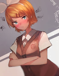 Rule 34 | 1girl, blonde hair, blue eyes, blush, breasts, commentary request, frown, hair ornament, hairband, hairclip, highres, hiiragi mikoto, kagamine rin, looking at viewer, medium breasts, ribbon, short hair, short sleeves, sleeveless, sleeveless sweater, solo, sweater, vocaloid, white hairband