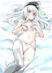 Rule 34 | 10s, 1girl, animal print, bed, bird, blue eyes, chikuwa (tks), flat chest, gradient background, hat, hibiki (kancolle), highres, kantai collection, long hair, lying, on back, panties, penguin, print panties, solo, thighhighs, topless, underwear, verniy (kancolle), white hair, white thighhighs