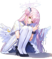 Rule 34 | 1girl, blue archive, bow, commentary request, crescent moon, dress, hair bun, hair ornament, hair scrunchie, halo, hand up, high heels, highres, hugging own legs, long hair, looking at viewer, mika (blue archive), moon, open mouth, pantyhose, pink hair, school emblem, school uniform, scrunchie, short sleeves, skirt, smile, solo, squatting, white dress, wings, wrist scrunchie, xfate, yellow eyes