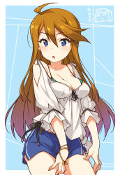 Rule 34 | 1girl, :o, ahoge, artist request, bare shoulders, blouse, blue eyes, blue shorts, breasts, brown hair, chemise, cleavage, collarbone, commentary, dolphin shorts, idolmaster, idolmaster million live!, long hair, looking at viewer, medium breasts, micro shorts, nonowa, off-shoulder blouse, off shoulder, open mouth, ribbon, shirt, short shorts, shorts, solo, swept bangs, tokoro megumi, white shirt, wrist ribbon