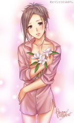 Rule 34 | 10s, 1boy, androgynous, blush, bottomless, brown hair, flower, hair ornament, hairclip, idolmaster, idolmaster side-m, lily (flower), looking at viewer, male focus, masobe (masbe), naked shirt, nipples, open mouth, ponytail, shirt, solo, trap, watanabe minori
