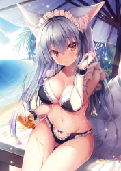 Rule 34 | 1girl, :o, animal ear fluff, animal ears, bare shoulders, beach, beach umbrella, bikini, black bikini, black ribbon, blush, breasts, cleavage, cloud, collarbone, day, dengeki moeou, flower, fox ears, fox girl, fox tail, frilled bikini, frills, gluteal fold, groin, hand up, highres, large breasts, long hair, looking at viewer, lotion, lotion bottle, maid, maid bikini, maid headdress, navel, ocean, outdoors, parted lips, pouring, pouring onto self, red eyes, ribbon, silver hair, sitting, solo, stomach, swimsuit, tail, tateha (marvelous grace), thighs, umbrella, unconventional maid, very long hair, wet, white flower, wrist cuffs