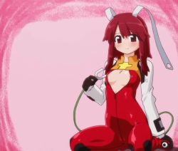Rule 34 | 1girl, blush, bodysuit, cable, fight ippatsu! juuden-chan!!, flat chest, highres, kneeling, nipple slip, nipples, no bra, open clothes, plug cryostat, red eyes, red hair, screencap, shiny clothes, short hair, skin tight, smile, solo, unzipped