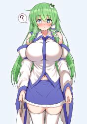 Rule 34 | 1girl, ?, bare shoulders, blue eyes, blue skirt, blush, breasts, closed mouth, cowboy shot, detached sleeves, frog hair ornament, green hair, grey background, hair between eyes, hair ornament, hair tubes, heart, heart-shaped pupils, highres, japanese clothes, kochiya sanae, large breasts, long hair, nontraditional miko, skirt, snake hair ornament, solo, spoken question mark, symbol-shaped pupils, thighhighs, tksand, touhou, white sleeves, white thighhighs, wide sleeves