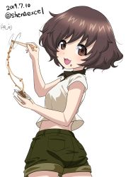 Rule 34 | 1girl, :3, absurdres, akiyama yukari, artist logo, brown eyes, brown hair, brown shorts, casual, chopsticks, commentary, cowboy shot, dated, denim, denim shorts, food, food on face, from side, girls und panzer, highres, holding, holding chopsticks, looking at viewer, looking back, messy hair, motion lines, nattou, one-hour drawing challenge, open mouth, polo shirt, shiina excel, shirt, short hair, short shorts, short sleeves, shorts, simple background, smile, solo, standing, twitter username, white background, white shirt