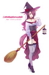 Rule 34 | 1girl, animal ears, ankle boots, bare shoulders, boots, breasts, broom, brown eyes, choker, cleavage, corset, earrings, fangs, flower, garter straps, grey thighhighs, hair over one eye, hand up, hat, high heel boots, high heels, highres, holding, holding broom, jewelry, lantern, large breasts, long hair, long skirt, looking at viewer, off shoulder, open mouth, original, purple hair, red flower, red rose, red skirt, rose, short shorts, shorts, simple background, skirt, smile, solo, striped clothes, striped thighhighs, thighhighs, tied skirt, tokki, vertical-striped clothes, vertical-striped thighhighs, very long hair, white background, witch, witch hat