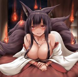Rule 34 | 1girl, :d, akagi (azur lane), akagi (deep crimson poppy) (azur lane), animal ears, ashfair, azur lane, bare shoulders, bed sheet, black hair, blush, breasts, cleavage, collarbone, fire, fire, fox ears, fox tail, indoors, kitsune, large breasts, long hair, long sleeves, looking at viewer, multiple tails, off shoulder, official alternate costume, on bed, open mouth, own hands together, red eyes, red ribbon, ribbon, sidelocks, smile, solo, tail, very long hair, wide sleeves, wrist ribbon