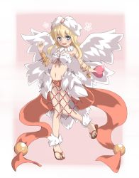 Rule 34 | 1girl, bangle, bell, bikini, blonde hair, blue eyes, blush, bow, bracelet, bracer, breasts, brown footwear, commentary request, feathered wings, full body, heart, highres, holding, holding heart, jewelry, jingle bell, large bow, long hair, looking at viewer, medium breasts, mismatched bikini, navel, open mouth, pink background, ragnarok online, red bikini, red bow, red ribbon, ribbon, sandals, shimotsuki nozomi, smile, solo, swimsuit, two-tone background, wanderer (ragnarok online), white background, white bikini, white wings, wings