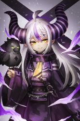 Rule 34 | 1girl, absurdres, ahoge, animal, animal on hand, bird, black bird, braid, chain, closed mouth, coat, crow, crow (la+ darknesss), fangs, gradient background, highres, hololive, holox, horns, la+ darknesss, la+ darknesss (1st costume), long hair, looking at viewer, multicolored hair, pointy ears, purple coat, smile, standing, streaked hair, striped horns, upper body, virtual youtuber, yellow eyes, ziteng yue