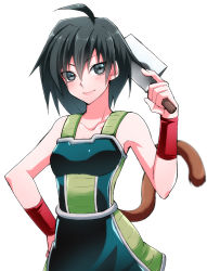 Rule 34 | 1girl, ahoge, armor, black hair, cleaver, collarbone, dragon ball, dragon ball z, dragonball z, emappo, gine, simple background, smile, solo, tail, white background