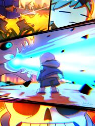 Rule 34 | 1boy, 1other, artist name, black hair, black shorts, blue jacket, boots, chara (undertale), closed eyes, closed mouth, fighting, gasterblaster, glowing, glowing eye, highres, holding, holding knife, holding weapon, hood, hood down, hooded jacket, jacket, knife, korokor59513559, male focus, outdoors, sans, shirt, short hair, shorts, skeleton, skull, slippers, sunset, teeth, twitter username, undertale, weapon, white shirt