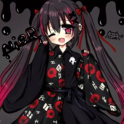 Rule 34 | 1girl, ;d, black kimono, blush, bow, commentary request, ear piercing, fang, floral print, gradient hair, grey background, hair between eyes, hair bow, hair ornament, hands up, japanese clothes, kimono, long hair, long sleeves, multicolored hair, nyano21, one eye closed, open mouth, original, piercing, pinching sleeves, print kimono, red bow, red eyes, red hair, signature, simple background, sleeves past wrists, smile, solo, twintails, very long hair, wide sleeves, x hair ornament