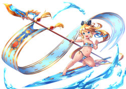 Rule 34 | 10s, 1girl, anklet, armlet, bare shoulders, barefoot, bikini, blonde hair, blue bikini, blue eyes, blush, bow, bracelet, breasts, charlotta (granblue fantasy), collarbone, combat s-ko, crown, fang, frilled bikini, frills, full body, granblue fantasy, hair bow, harvin, harvin, highres, jewelry, long hair, navel, open mouth, pointy ears, polearm, simple background, small breasts, solo, spear, surfboard, swimsuit, very long hair, water, weapon, white background
