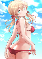 Rule 34 | 1girl, ass, bikini, bikini pull, blonde hair, blue sky, breasts, butt crack, clothes pull, cloud, commentary request, cowboy shot, from behind, fuji (pixiv24804665), green eyes, hair ribbon, highres, kantai collection, long hair, looking at viewer, low twintails, medium breasts, prinz eugen (kancolle), red bikini, ribbon, sky, smile, solo, swimsuit, twintails