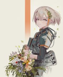 Rule 34 | 1girl, absurdres, armor, black shirt, blue flower, bouquet, commentary, english commentary, envelope, flower, from side, grey eyes, grey hair, hair behind ear, highres, looking to the side, multicolored hair, orange hair, original, pink flower, polilla, shirt, smile, solo, streaked hair