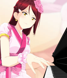 Rule 34 | 10s, 1girl, aida rikako, bow, crying, crying with eyes open, earrings, flower, frown, hair flower, hair ornament, hairclip, half updo, instrument, jewelry, jyura, long hair, love live!, love live! school idol festival, love live! school idol project, love live! sunshine!!, music, omoi yo hitotsu ni nare, piano, pink bow, playing instrument, polka dot, red hair, sakurauchi riko, scrunchie, voice actor connection, solo, tears, wrist scrunchie, yellow eyes