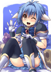 Rule 34 | 1girl, animal ears, blue hair, blue skirt, blush, bow, galaxy angel, gloves, highres, mint blancmanche, one eye closed, open mouth, panties, shinshin, short hair, skirt, solo, striped clothes, striped panties, thighhighs, underwear, yellow eyes