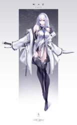 Rule 34 | 1girl, artist name, bare shoulders, black footwear, black neckwear, blue eyes, boots, braid, breasts, character name, coat, code:qualia, commentary request, copyright name, crown braid, full body, hair ornament, highres, holding, holding sword, holding weapon, leg up, leotard, long hair, looking at viewer, lucia (code:qualia), off shoulder, silver hair, single braid, sleeves past wrists, solo, standing, sword, thigh boots, thighhighs, weapon, white coat, yoaferia