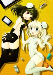 Rule 34 | 2girls, ass, black hair, blonde hair, blue eyes, boots, breasts, cellphone, detached sleeves, digital media player, hair ornament, highres, iphone, ipod, long hair, looking back, multiple girls, nail polish, open mouth, original, personification, phone, red eyes, rurirarako, short hair, sideboob, smartphone, smile, thigh boots, thighhighs, twintails