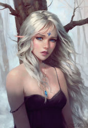 Rule 34 | 1girl, bare tree, blue eyes, blush, breasts, dress, facial mark, forehead mark, ghostblade, grey hair, jewelry, long hair, looking at viewer, necklace, outdoors, parted lips, pointy ears, realistic, signature, small breasts, solo, strap slip, tree, upper body, wind, wlop