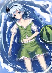Rule 34 | 1girl, absurdres, afloat, bad id, bad pixiv id, blue eyes, food, fruit, green skirt, hairband, highres, konpaku youmu, looking at viewer, partially submerged, ribbon, short hair, silver hair, skirt, solo, touhou, water, watermelon