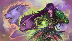 Rule 34 | 1girl, armor, bear, cat, claws, colored skin, elf, feathers, fire, green fire, highres, jimaoxiaodi, long hair, night elf (warcraft), night elf (warcraft), pointy ears, purple hair, purple skin, warcraft, wolf, world of warcraft