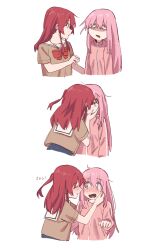 Rule 34 | 2girls, absurdres, blush, bocchi the rock!, closed eyes, egakuning, gotoh hitori, hand on another&#039;s face, highres, jacket, kiss, kita ikuyo, multiple girls, open mouth, pink hair, red hair, school uniform, simple background, track jacket, white background, yuri