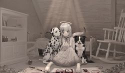 Rule 34 | 1girl, absurdres, albino, attic, barefoot, bed, black ribbon, blood, blunt bangs, book, border collie, bottle, chain, chair, child, child&#039;s drawing, commentary, cupboard, dalmatian, day, dog, dress, expressionless, frilled shirt collar, frills, full body, grey eyes, halo, highres, indoors, light rays, long dress, long hair, long sleeves, looking at viewer, mirror, multicolored hair, muted color, namuta, neck ribbon, on floor, original, pale skin, pointy ears, ribbon, rocking chair, roomscape, sitting, solo, streaked hair, sunlight, white dress, white hair, white theme