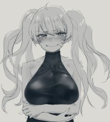 Rule 34 | 1girl, ^^^, ahoge, bare shoulders, blush, breasts, closed mouth, copyright request, crossed arms, embarrassed, fingernails, furrowed brow, greyscale, highres, large breasts, long hair, looking at viewer, monochrome, nervous smile, noccu, nose blush, smile, solo, trembling, twintails, upper body, wavy mouth
