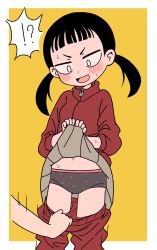 Rule 34 | 1girl, absurdres, assisted exposure, black hair, blush, briefs, clothes lift, clothes pull, copyright request, highres, huzinadayo, lifting own clothes, male underwear, panties, pants, pants pull, pants under skirt, pantsing, simple background, skirt, skirt lift, track suit, twintails, underwear