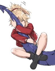 Rule 34 | 1girl, bandeau, black footwear, blonde hair, blue shorts, boots, braid, breasts, closed eyes, cutoffs, denim, denim shorts, fate/apocrypha, fate (series), french braid, hair ornament, hair scrunchie, highres, hugging another&#039;s tail, hugging tail, jacket, long hair, long sleeves, mordred (fate), mordred (fate/apocrypha), mordred (memories at trifas) (fate), open clothes, open jacket, parted bangs, ponytail, red jacket, red scrunchie, scrunchie, short shorts, shorts, sidelocks, simple background, small breasts, tail, tonee, white background