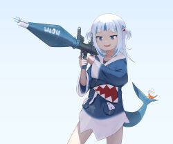 Rule 34 | 1girl, blue eyes, blue hair, blue hoodie, fins, fish tail, gawr gura, gawr gura (1st costume), hair ornament, highres, hololive, hololive english, holomyth, hood, hood down, hoodie, multicolored hair, open mouth, polearm, rocket launcher, rpg, rpg-7, rpg (weapon), shark girl, shark hair ornament, shark tail, sharp teeth, short twintails, shrimp, simple background, smile, streaked hair, tail, teeth, trident, twintails, virtual youtuber, weapon, white hair, xflanx