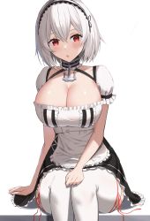 Rule 34 | 1girl, :o, absurdres, azur lane, black hairband, blush, breasts, cleavage, feet out of frame, hairband, hand on own knee, highres, large breasts, looking at viewer, maid, maid headdress, open mouth, red eyes, rk (cc15915r), short hair, sirius (azur lane), sitting, solo, thighhighs, white background, white hair, white thighhighs