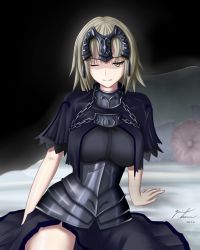 Rule 34 | 1girl, absurdres, arm support, armor, blonde hair, breasts, fate/grand order, fate (series), headpiece, highres, jeanne d&#039;arc (fate), jeanne d&#039;arc alter (avenger) (fate), jeanne d&#039;arc alter (fate), large breasts, light smile, one eye closed, pillow, ruler (fate/grand order), short hair, solo, thighs, yamikarasu mk22