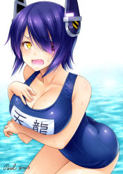 Rule 34 | 10s, 1girl, bare shoulders, breasts, cleavage, eyepatch, kantai collection, large breasts, name tag, noise (tsuzuki), one-piece swimsuit, purple hair, school swimsuit, short hair, solo, swimsuit, tenryuu (kancolle), thighs, twitter username, water, wavy mouth, yellow eyes