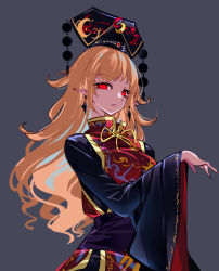 Rule 34 | blonde hair, chinese clothes, crescent, earrings, highres, jewelry, junko (touhou), lips, long hair, orange hair, phoenix crown, pointy ears, raptor7, red eyes, tabard, touhou