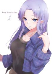 Rule 34 | 1girl, absurdres, black shirt, blue eyes, blue jacket, blush, breasts, casual, cleavage, collarbone, commentary, commission, denim, denim jacket, english commentary, fate/hollow ataraxia, fate/stay night, fate (series), highres, jacket, light purple hair, long hair, looking at viewer, medea (fate), medium breasts, official alternate costume, pointy ears, ryuu., shirt, signature, solo, upper body, white background
