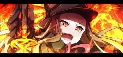 Rule 34 | 1girl, :d, absurdres, arm up, bad id, bad twitter id, black gloves, black hat, brown eyes, brown hair, chacha (fate), commentary request, fangs, fate/grand order, fate (series), fire, flaming sword, flaming weapon, forehead, fur collar, gloves, hat, highres, katana, letterboxed, looking at viewer, open mouth, parted bangs, peaked cap, pink ribbon, protected link, ribbon, smile, solo, sword, v-shaped eyebrows, wada kazu, weapon