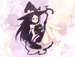Rule 34 | 1girl, animal ears, armband, barefoot, black gloves, black hair, dress, ears through headwear, feet, floral background, flower witch, gloves, hat, hat ribbon, holding, holding staff, logo, long hair, looking at viewer, misinkojou, panties, ribbon, scarf, sleeveless, sleeveless dress, staff, tail, underwear, witch, witch hat, wooden staff