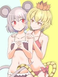 Rule 34 | 2girls, animal ears, bikini, blonde hair, blush, breasts, collarbone, commentary request, grey hair, groin, hands on another&#039;s shoulders, intertwined tails, jack (wkm74959), medium breasts, mouse ears, multiple girls, navel, nazrin, own hands clasped, own hands together, red eyes, short hair, small breasts, smile, swimsuit, tail, tareme, tiger tail, toramaru shou, touhou, two-tone background, yuri