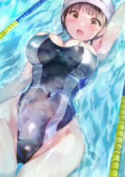Rule 34 | 1girl, absurdres, arm up, armpits, backstroke, black hair, black one-piece swimsuit, blunt bangs, blush, breasts, brown eyes, commentary request, competition swimsuit, covered navel, embarrassed, highleg, highres, large breasts, looking at viewer, mole, mole under eye, ogata tei, one-piece swimsuit, open mouth, original, partially submerged, pool, skindentation, solo, swim cap, swimming, swimsuit, taut clothes, taut swimsuit, thighs, wet
