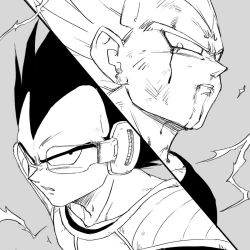 Rule 34 | 2boys, armor, black eyes, black hair, blood, close-up, dirty, dirty face, dragon ball, dragonball z, dual persona, frown, grey background, greyscale, highres, looking to the side, looking up, majin vegeta, male focus, monochrome, multiple boys, panels, scouter, serious, short hair, simple background, spiked hair, super saiyan, super saiyan 2, tkgsize, upper body, vegeta