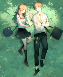Rule 34 | 1boy, 1girl, absurdres, bag, bean sprouts (6651003), black bag, black footwear, black legwear, black skirt, blue bag, blue eyes, bow, brown eyes, brown footwear, brown hair, chromatic aberration, copyright name, highres, kimi no na wa., long hair, looking at another, lying, on back, open mouth, outdoors, parted lips, red bow, red neckwear, school bag, school uniform, shadow, skirt, teeth, uniform