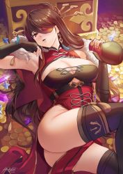 Rule 34 | 1girl, areola slip, armpits, ass, beidou (genshin impact), black gloves, black hair, black thighhighs, blush, breasts, capelet, chinese clothes, cleavage, coin, drink, earrings, elbow gloves, eyepatch, fingerless gloves, fur trim, gem, genshin impact, gloves, gold coin, gourd, hair between eyes, hair ornament, hairpin, hiroki ree, holding, holding drink, jewelry, large breasts, long hair, looking at viewer, lying, on back, parted lips, red capelet, red eyes, signature, solo, tassel, thighhighs, thighs, treasure chest, vision (genshin impact)