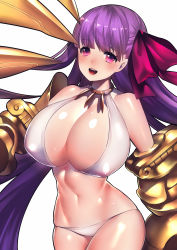 Rule 34 | 1girl, :d, bikini, blush, bow, breasts, claws, cowboy shot, fate/grand order, fate (series), hair bow, highres, huge breasts, long hair, looking at viewer, navel, open mouth, passionlip (fate), purple bow, purple eyes, purple hair, rahato, shiny skin, simple background, smile, solo, swimsuit, white background, white bikini