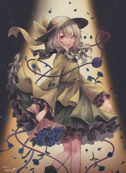 Rule 34 | 1girl, blouse, blue flower, blue rose, boots, bow, dark background, eyeball, feet out of frame, flower, from side, green eyes, green hair, green skirt, hat, hat bow, heart, heart of string, koishi day, komeiji koishi, long hair, looking at viewer, looking back, m (neteitai10), petticoat, rose, shirt, simple background, skirt, smile, solo, third eye, touhou, yellow shirt